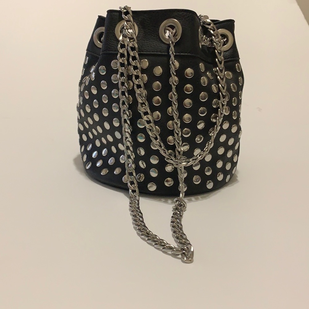 JustFab Black Franco Studded Bucket Bag.